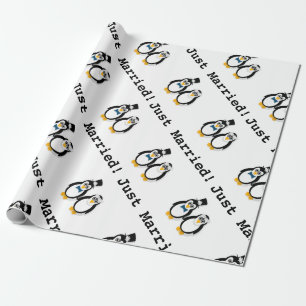 Penguins "Just Married!" Linen Wrapping Paper