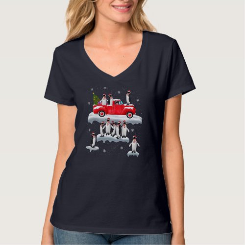 Penguins Lover Red Truck Santa Hat Penguin Christm T_Shirt