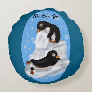 Penguins Napping Round Pillow