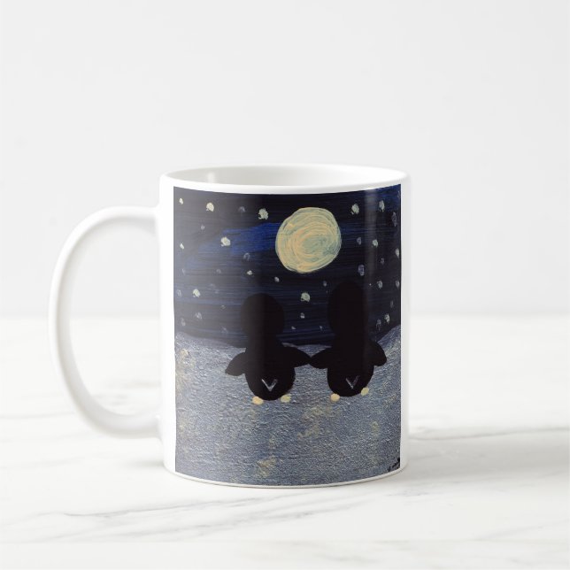 Penguins on a Snowy Evening with a Full Moon Coffee Mug (Left)