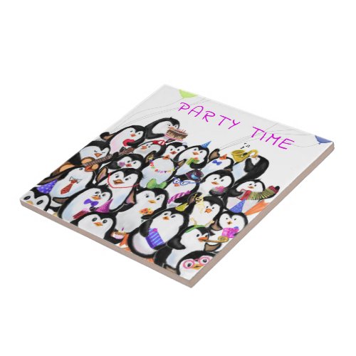 Penguins Party Ceramic Tile Gift _ Custom Text