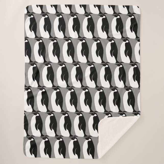 Penguins Pattern Gray Black White Sherpa Blanket (Front)