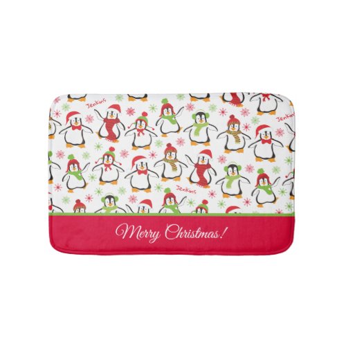 Penguins Red and Green Pattern Merry Christmas Bath Mat