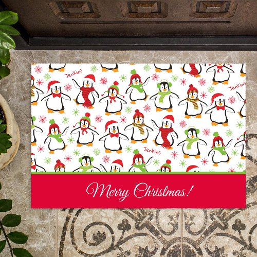 Penguins Red and Green Pattern Merry Christmas Doormat