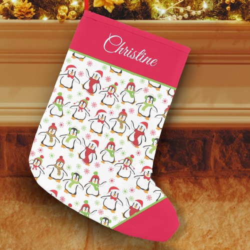 Penguins Red and Green Pattern Small Christmas Stocking