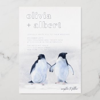 Penguins Silver Winter Elegant Modern Wedding Foil Invitation by rusticwedding at Zazzle