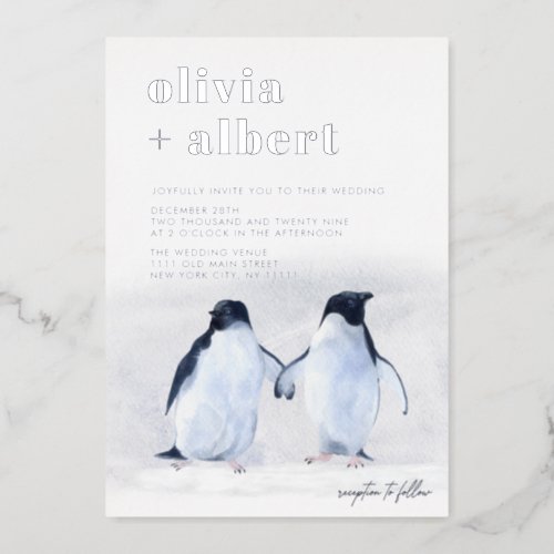 Penguins Silver Winter Elegant Modern Wedding Foil Invitation