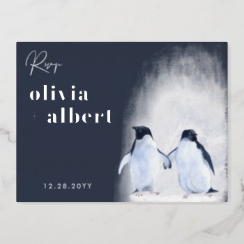 Penguins Silver Winter Elegant Modern Wedding Rsvp Foil Invitation Postcard by rusticwedding at Zazzle