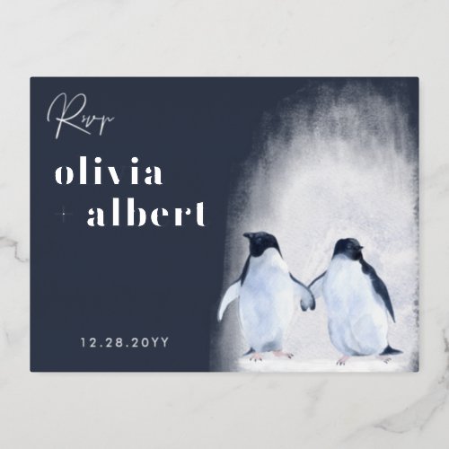 Penguins Silver Winter Elegant Modern Wedding RSVP Foil Invitation Postcard