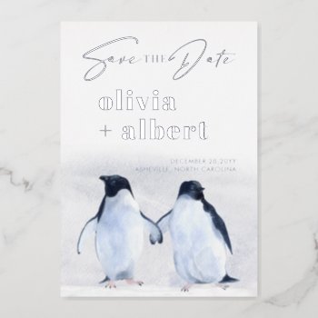 Penguins Silver Winter Elegant Save The Date Foil Invitation by rusticwedding at Zazzle