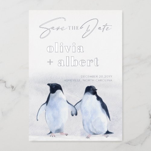 Penguins Silver Winter Elegant Save The Date Foil Invitation