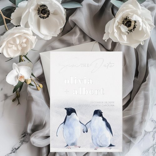 Penguins Silver Winter Elegant Save The Date Foil Invitation