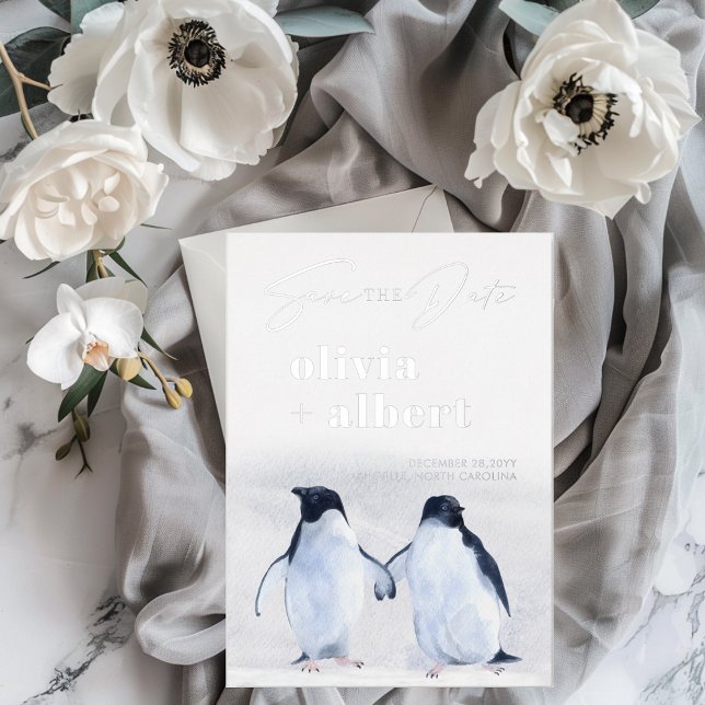 Penguins Silver Winter Elegant Save The Date Foil Invitation (Penguins Silver Winter Elegant Save The Date Foil Invitation)