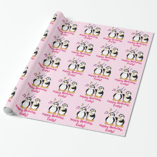 Penguins Singing Happy Birthday Name Customizable Wrapping Paper