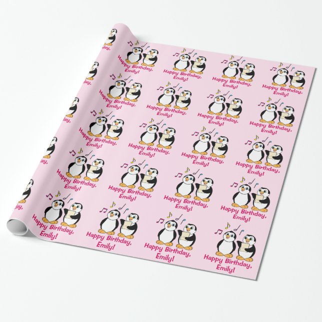 Penguins Singing Happy Birthday Name Customizable Wrapping Paper (Unrolled)