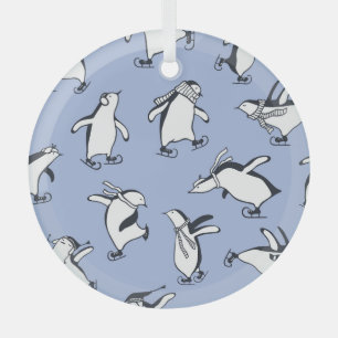 Penguins skating, hand-drawn vintage pattern glass ornament