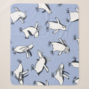 Penguins skating, hand-drawn vintage pattern sherpa blanket
