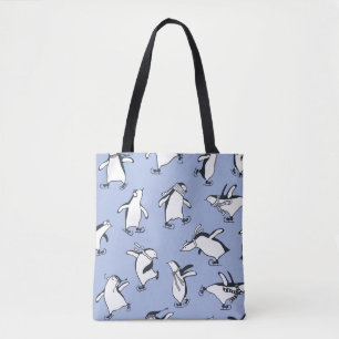 Penguins skating, hand-drawn vintage pattern tote bag