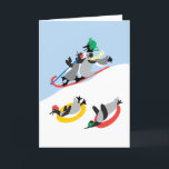 Penguins Sledding Custom Card<br><div class="desc">Just plain fun! A snowy image of penguins sledding.  It's adorable! The original design by artist,  dag dart is so very whimsical and joyous.  The card can be customized.  You can change the inside greeting to whatever you like.</div>