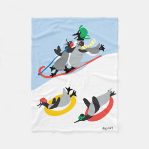 Penguins Sledding Fleece Blanket
