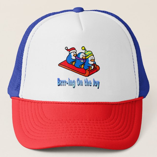 Penguins Sledding Winter Holiday Scene Trucker Hat (Front)