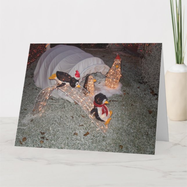 Penguins Sliding Down Slope in Decorated Yard Card (Front)