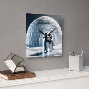 Penguins Slow Dancing By Igloo Square Wall Clock