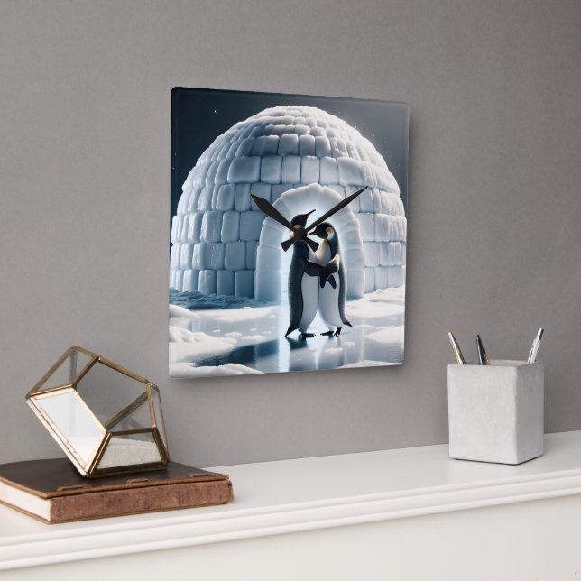 Penguins Slow Dancing By Igloo Square Wall Clock (Office)