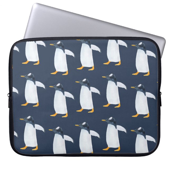Penguins: Small Dark Watercolor Laptop Sleeve (Front)
