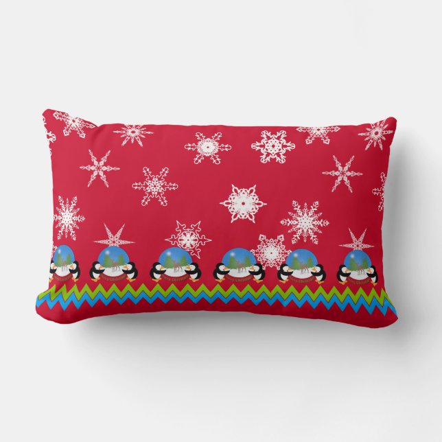 Penguins, Snowflakes and Snowglobes | Christmas Lumbar Pillow (Front)