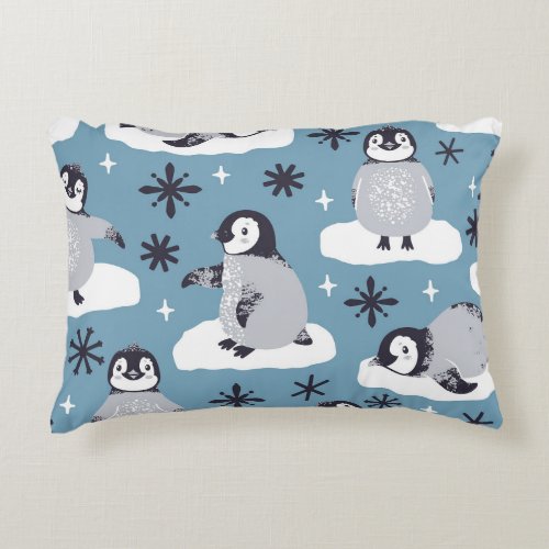 Penguins Snowflakes Winter Seamless Pattern Accent Pillow