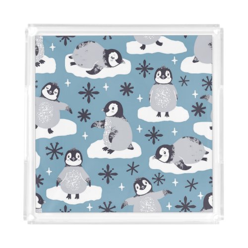 Penguins Snowflakes Winter Seamless Pattern Acrylic Tray