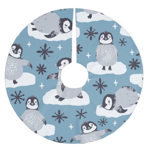 Penguins Snowflakes Winter Seamless Pattern Brushed Polyester Tree Skirt