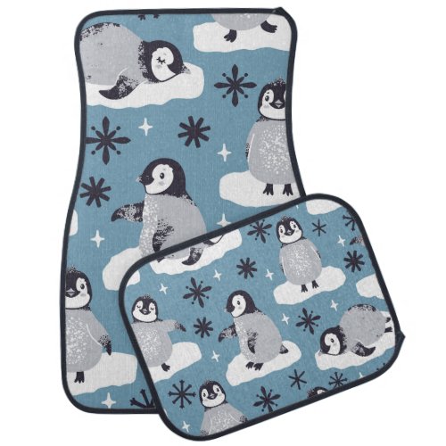 Penguins Snowflakes Winter Seamless Pattern Car Floor Mat