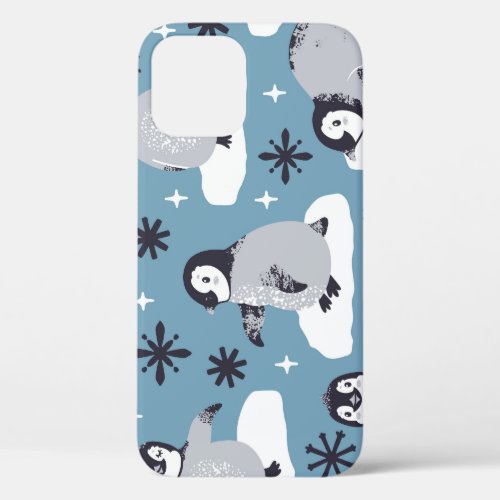 Penguins Snowflakes Winter Seamless Pattern iPhone 12 Case