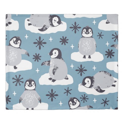 Penguins Snowflakes Winter Seamless Pattern Duvet Cover