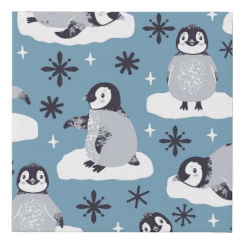 Penguins Snowflakes Winter Seamless Pattern Faux Canvas Print