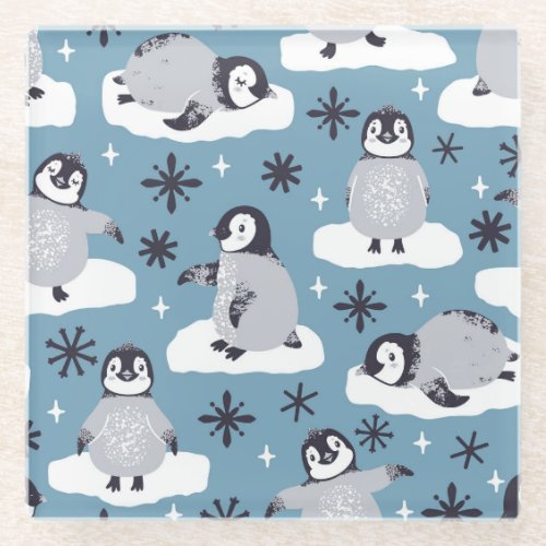 Penguins Snowflakes Winter Seamless Pattern Glass Coaster