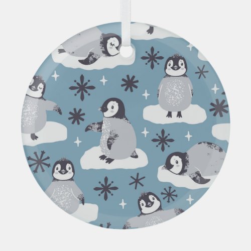 Penguins Snowflakes Winter Seamless Pattern Glass Ornament