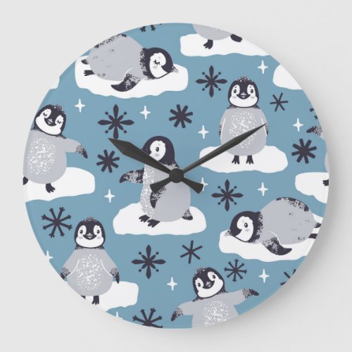Penguins Snowflakes Winter Seamless Pattern Large Clock