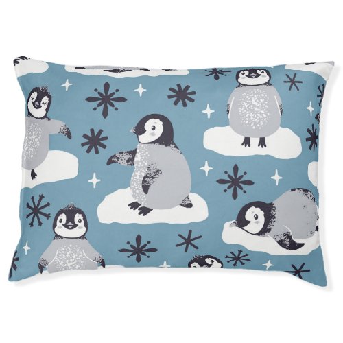 Penguins Snowflakes Winter Seamless Pattern Pet Bed