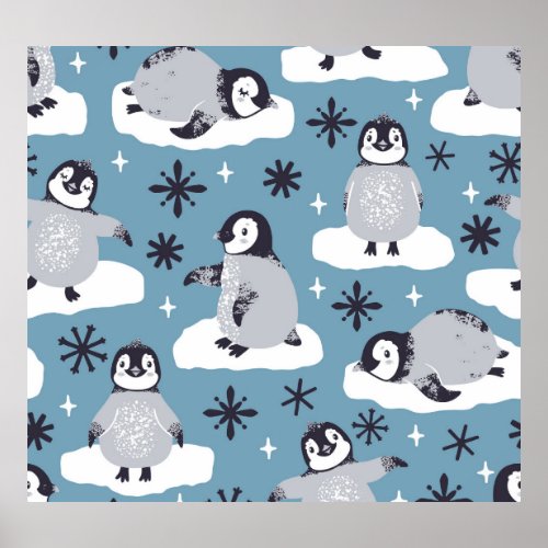 Penguins Snowflakes Winter Seamless Pattern Poster