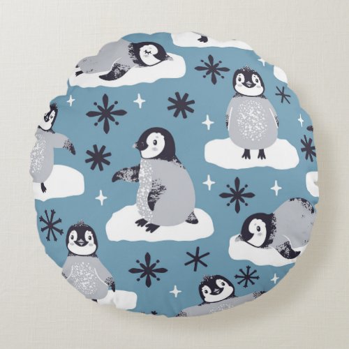 Penguins Snowflakes Winter Seamless Pattern Round Pillow