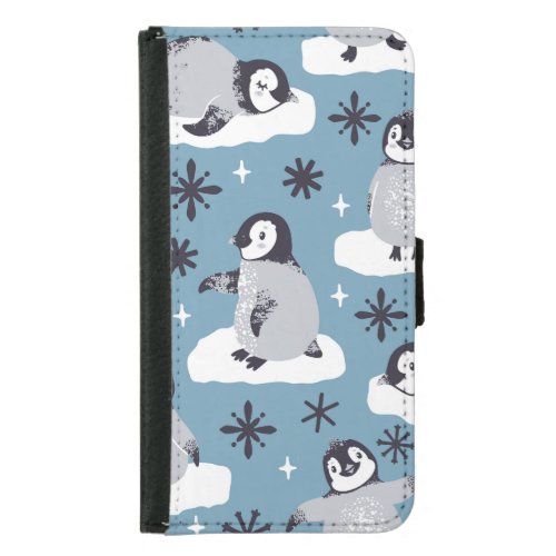 Penguins Snowflakes Winter Seamless Pattern Samsung Galaxy S5 Wallet Case
