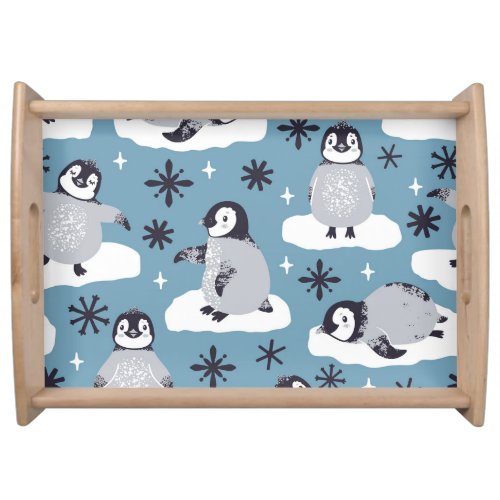 Penguins Snowflakes Winter Seamless Pattern Serving Tray
