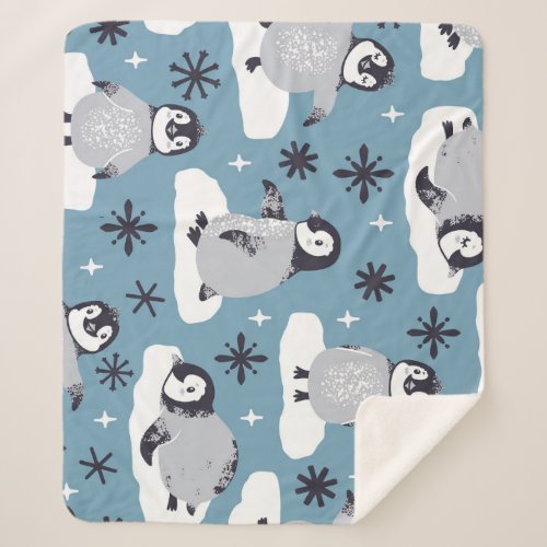 Penguins Snowflakes Winter Seamless Pattern Sherpa Blanket