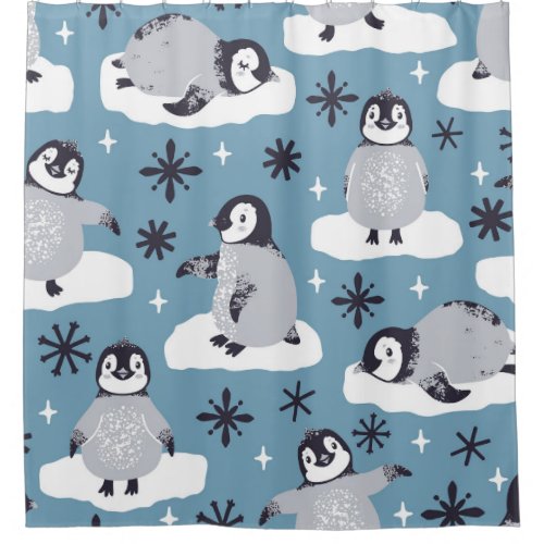 Penguins Snowflakes Winter Seamless Pattern Shower Curtain