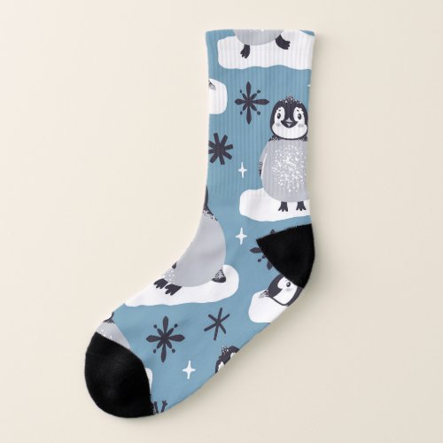 Penguins Snowflakes Winter Seamless Pattern Socks