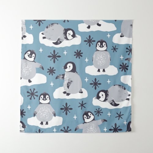 Penguins Snowflakes Winter Seamless Pattern Tapestry