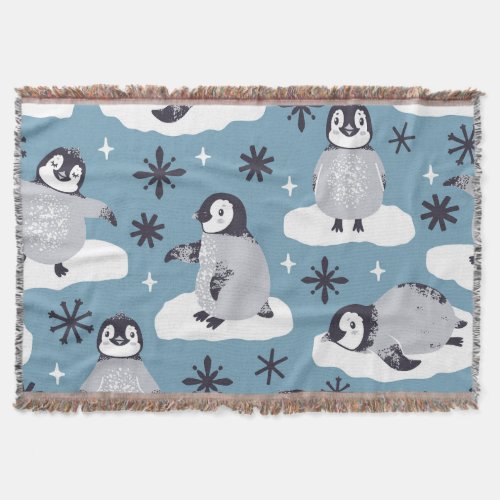 Penguins Snowflakes Winter Seamless Pattern Throw Blanket